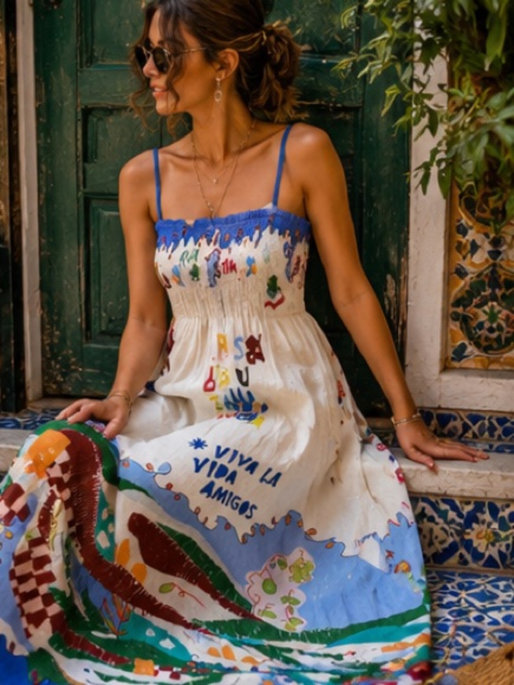Bohemian Scenic Print Maxi Dress - White & Blue - Picture 3 of 7